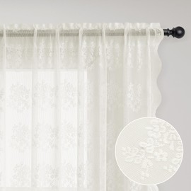 Hokibero Ivory Lace Curtains 45 Inch Length 2 Panels Set for Living Room Floral Embroidered Sheer Tulle Curtains Scalloped Edges Vintage Short Curtain Drapes 52x45