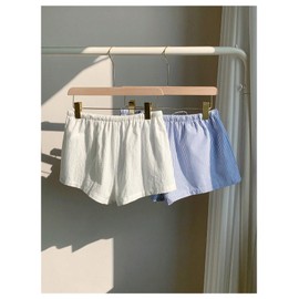 MakeMeChic Women's 2 Pack Linen Shorts Summer Beach Pajama Boxer Shorts Blue White X-Small