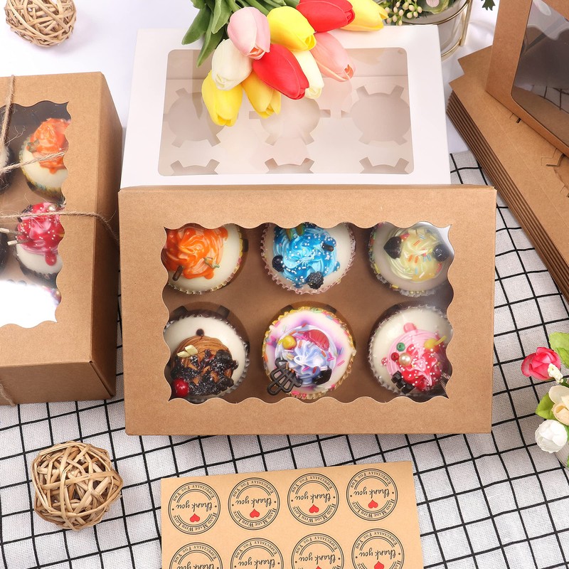 MAMUNU 10PCS 6 Cavity Cupcake Boxes with Window and Inserts,