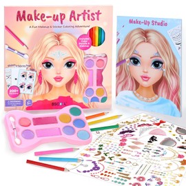 BSCOOL Artista de maquillaje. Maquillaje divertido 3 en 1, calcomanías, kit de colorear, incluye lápices de colores, paleta de maquillaje y más de 200 calcomanías. Para niñas de 5, 6, 7, 8. Regalo de