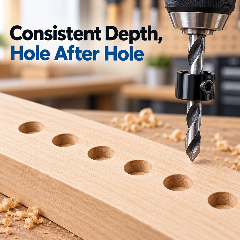 Drill Bit Depth Stop Collars for Woodworking – 8-Piece Adjustable
