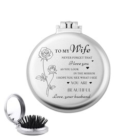 Wife I Love You Gifts from Husband, Silver Compact Mirrors with Hair Combs for Women Romantic Christmas Wedding Anniversary Birthday Gifts for Wife WifeyFolding Hair Brushes with Makeup Mirrors