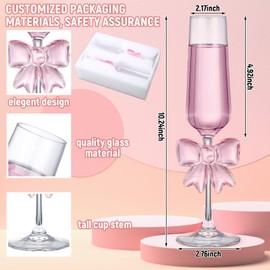 Reallnaive 2 Pcs Cute Pink Bow Glass Cups 8oz Coquette Champagne Fashioned Glasses Clear Reinforced Stems and Romantic Pink Bow for Weddings Engagements Party Gifts(Flat Bottom)(Cute Feet)