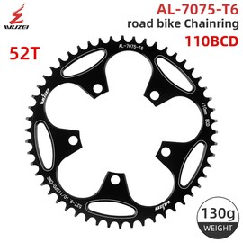 BIKECO Bicycle Narrow Wide Chainring 110/130BCD 5 Screws Round Bicycle Chainring 36/38/40/42/44/46/48/50/52/54/56/58/60T Bicycle Chainring for 9 10 11 Speed Road Bike MTB (110BCD,52T)
