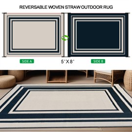 SatisInside Outdoor Rug 5x8 Ft Waterproof Plastic Straw Rugs for Patio Clearance,RV,Beach,Camping, Backyard,Porch, Picnic, Black&Beige