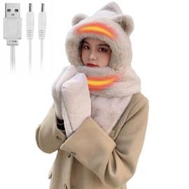 USB Heated 3 in 1 Furry Hoodie Hat Scarf and Gloves Cute Ear Plush  Gloves Scarf Set Winter Warm Cartoon Plush Hat for Women Girls