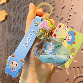 Rertnocnf Cute Kawaii Floating Fruit Sheep Character Cloud Design Backpack Car Key Pendant Kids Girls Women Handbag Wallet Clear Acrylic Glitter Liquid Keychain Blue
