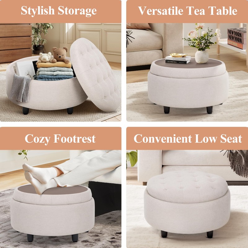 COLAMY Fabric Round Storage Ottoman with Reversible Tray Lid –