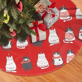 Cute Cats Kitten Red Christmas Tree Skirt 30 Inch Animal Tree Skirts Santa Mat for Mini Small Pencil Big X-mas Tree Farmhouse Ornaments Decorations