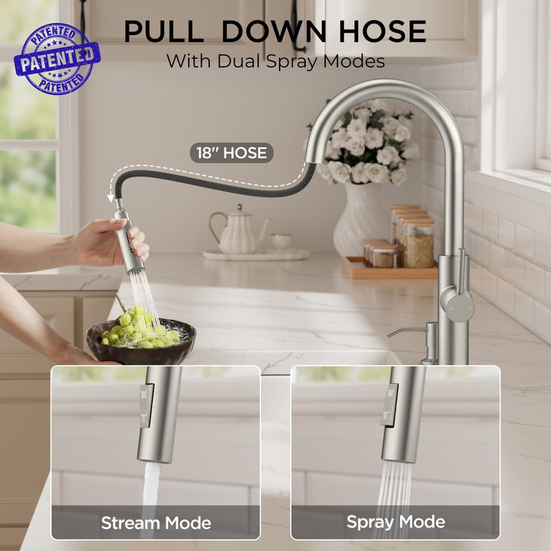 FORIOUS Kitchen Faucet with Soap Dispenser, Modern Brushed Nickel, Single