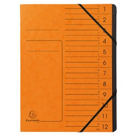 Exacompta 541204E premium folder stapled. Made from extra strong Colorspan cardboard DIN A4, 12 black compartments and 2 elastic bands with organisation print, ring folder, index folder, orange.