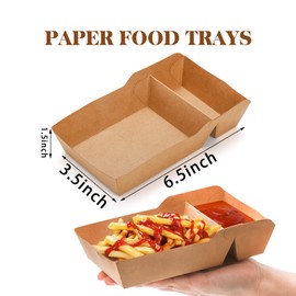 SOUJOY 100 Pack Food Serving Tray, 2 Compartment Disposable Kraft Nacho Boat Tray, Grease Resistant Heavy Duty Paperboard, Take Out Fast Food Snack Holder Container for Hot Dog, Party