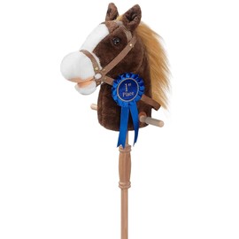HollyHOME Stick Horse Plush with Detachable Blue Ribbon Champion Hobby Horse on Stick with Wood Wheels Real Pony Neighing for Kids Toddlers Chocolate 36 Inches(AA Batteries Required)