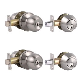 Probrico 2 Sets-Ball Style Entry Door Knobs with Double Cylinder Deadbolts Combo Pack, Keyed Alike Door Levers Exterior and Interior Lockset Leverset, Handleset for Front and Entrance Door