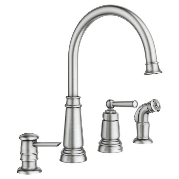 Moen Spot Resist Stainless One-Handle High Arc 4-hole Kitchen Faucet with Side Sprayer and Soap Dispenser, 87042SRS