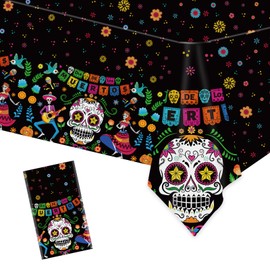 DPKOW Sugar Skull Tablecloth Day of The Dead Decorations Dia De Los Muertos Table Covers Plastic Halloween Day of The Dead Table Home Decorations Supplies Mexican Party Cinco de Mayo, 9 * 4.5 ft