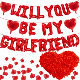 16 Inches Red 'WILL YOU BE MY GIRLFRIEND' Proposal Letter Balloons with Heart-Shaped Foil Balloons and Rose Petals for Romantic Special Night Decorations, Engagements, Proposals, and Valentine's Day