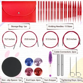 Circular Knitting Needles Set, 13 Pairs Interchangeable Aluminum Round Circular Needle for Knitting, Aluminum Metal Knitting Needles Includes 4 Cables, Accessories and Storage Bag (Red)