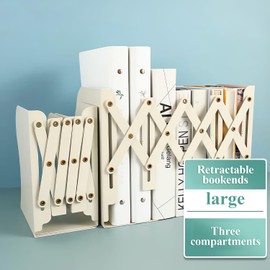M&G Adjustable Bookends Book Ends for Shelves, Metal Bookend for Heavy Books, Desk Magazine File Organizer Holder Extends up to 20in, Book Stopper for Home, Office, Classroom (White)