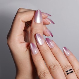 Ombre Pink to White Cat Eye Press on Nails, Glossy Almond Shape with Sparkling Gradient, Long-Lasting & Comfortable, 24Pcs Set for Women