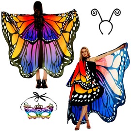 Butterfly Costume Women's Wings Butterfly Wings Adult Two-Tier Fancy Dress Costumes Women's Cape Fancy Dress Butterfly Costume Accessories Set of 3 Face Mask Sensor Butterfly Headband