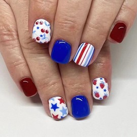 24Pcs 4th of July Press on Nails with Designs, Short Square Fake Nails Cute Cherry Strawberry Stars Glue on Nails Independence Day Red Blue Stick on Nails Patriotic Acrylic False Nails for Women