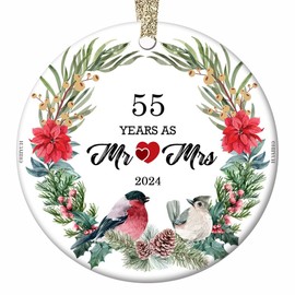 55th Anniversary 2024 Christmas Ornament Keepsake Fifty-Five 55 Years Married Couple Gift Keepsake Present Parents Grandparents Farmhouse Tree Decoration Ceramic 2.8" Flat Circle Gold Ribbon