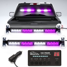 BooYu 2 in 1 LED Emergency Strobe Light Bar w/Digital Display Controller Windshield Traffic Advisor Visor Safety Warning Hazard Flashing Lights for Funeral Escort Trucks Vehicles Car (Purple/White)