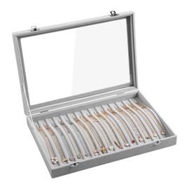 Frebeauty 15 Hooks Necklace Tray Velvet Neckalce Organizer with Clear Lid Lockable Necklace Holder Box Jewelry Organizer for Pendants Chains Necklace Jeweley Tray for Women Girls(Grey)