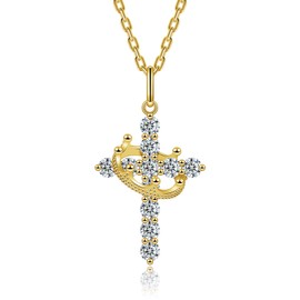 Hitlinker Moissanite Cross Necklace with Crown for Women Sterling Silver Pendant Christian Faith Chain Jewelry Gifts (Gold)
