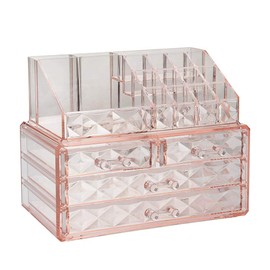 Cajas de joyería y cosméticos con soporte para brochas – Cubo de almacenamiento con patrón de diamante rosa con 4 cajones y 2 piezas
