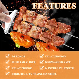 GMHLLES 3 Way Grill Skewers,2 Pcs Three Way Grill Skewers, Stainless Steel BBQ Grilling Skewers BBQ Metal Skewer with Smooth Push Bar Slider 3-Prong Grill Kabob Skewer Accessories for Meat Vegetables