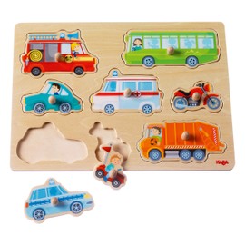 HABA 301940 - Greifpuzzle Fahrzeug-Welt , Holzspielzeug ab 12 Monaten , 8-teiliges Puzzle aus Holz mit bunten Fahrzeugmotiven , Mit großen Knöpfen zum Greifen