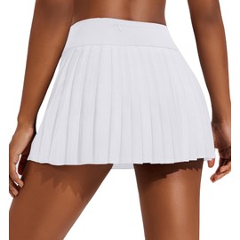 PINSPARK Pleated Tennis Skirts for Women 14" Tummy Control Pickleball Skirt High Waisted Active Skort Activewear, White Medium