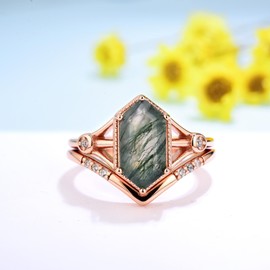 ITI KUOLOLIT Natural Moss Agate Gemstone Rings for Women Solid 925 Sterling Silver Rings for Women Trendy Hexagon Engagement Wedding Ring Gift, Gemstone, Agate