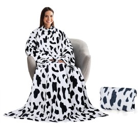 Tirrinia Wearable Blanket with Sleeves and Pocket, Super Soft Plush Fleece Sleeved Blanket for Adults in Cow Print,Great
