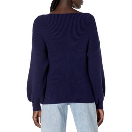 Cable Stitch Women's Ribbed Blouson Sleeve Sweater - Boat Neck Long Sleeve Drop Shoulder Solid Color Pullover Knit Top (Medium, Navy)