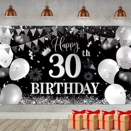Iridsmole 30th Birthday Backdrop Banner, Black Silver Happy 30th Birthday Banner, 30 Decorations for Boy Girl Photo Backdrop Background 180 x 110cm