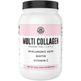 Multi Collagen Powder with Biotin, Hyaluronic Acid, Vitamin C (2lb Value Size) | Hydrolyzed Collagen Supplement (Types I, II, III, V, X). Hair, Skin, Nails for Women, Men