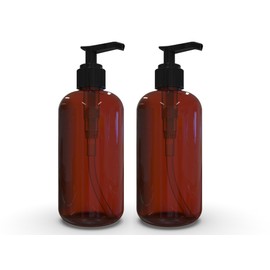 BRIGHTFROM Plastic Bottles with Pump Dispenser, 8 OZ Empty, BPA Free Refillable Containers for Body Wash, Moisturizer, Face Cream, Liquid Soap - Amber/Black - 2 Pack