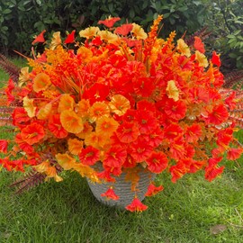 Artificial Mums Fake Fall Flowers Plants for Outdoors, 12 Bundles Faux Orange Yellow Silk Petunias Look Real UV Resistant for Outside Planters Porch Patio Autumn Decoration