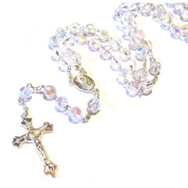 Silver Plated Necklace Rosary Crystal CLEAR Glass Beads & Jesus Crucifix and Jerusalem Cross by Accessory