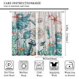 Sea Turtles Curtains, Beach Nautical Ocean Starfish Seashell Seahorse Window Treatments for Bedroom Kitchen Nursery, Conch Compass Beachy Coastal Blackout Drapes 2 Panel Sets,42x45 Inch