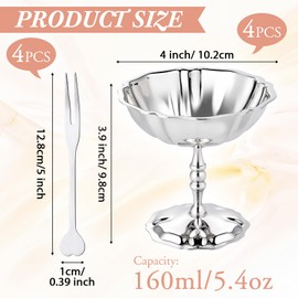 Reallnaive 4 Set Stainless Steel Ice Cream Cup with Forks Silver Lotus Shaped Serving Dessert Bowls 5.4 oz Mini Metal Footed Cup for Pudding Salad Fruit Sundae Summer Birthday Party Supply