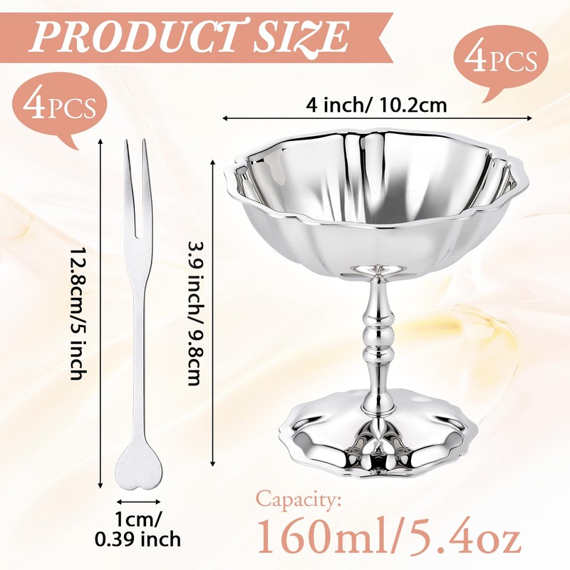 Reallnaive 4 Set Stainless Steel Ice Cream Cup with Forks