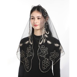 Bozidol Mantilla Veils for Church Catholic, Black Gold Chalice and Grapes Embroidered Lace Chapel Veil, Latin Mass Prayer Scarf Head Coverings for Women