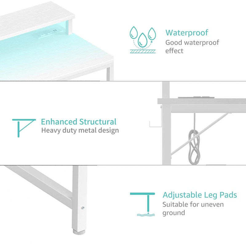 Lufeiya Small White Desk with LED Lights and Power Outlets,