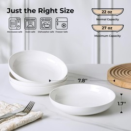 YHY Pasta Bowls Set of 4, 22 oz Ceramic Salad Plates, 7.8 Inch Wide Shallow Porcelain Dishes for Dinner, Microwave & Dishwasher Safe, White