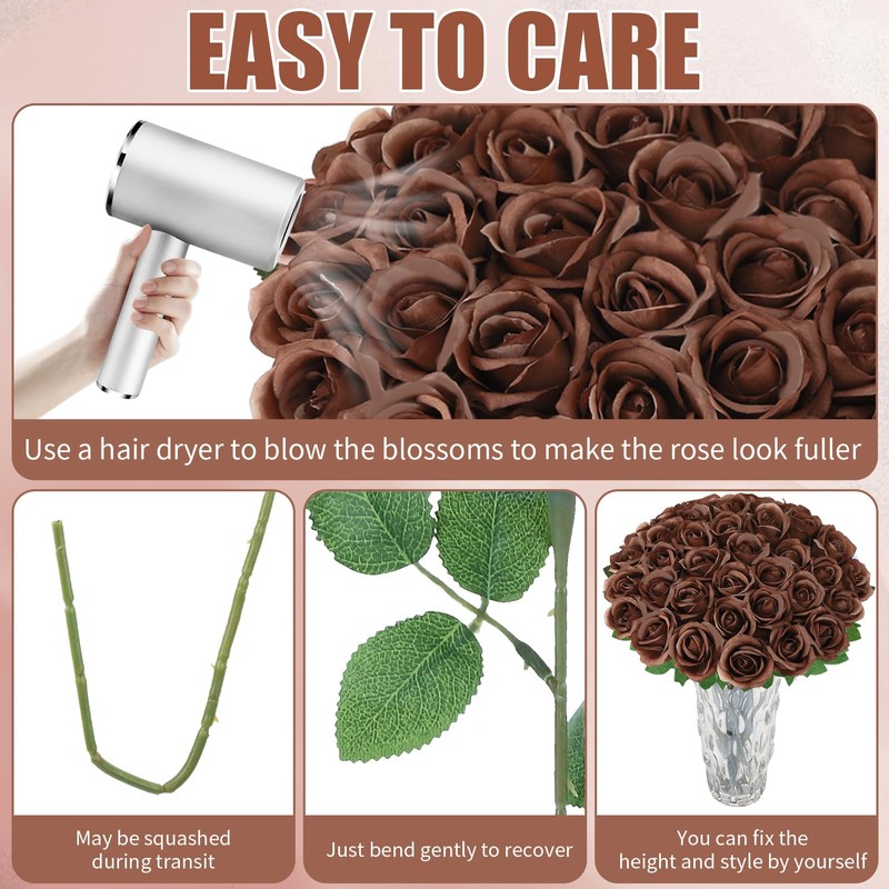 36 Pcs Chocolate Artificial Roses with Long Stems