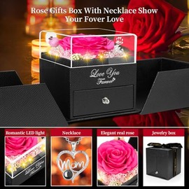 Regalos para Mamá de Hija e Hijo, Idea Única de Regalo de Cumpleaños de Madre, Rosas Reales Conservadas de Color Rosa Oscuro con I Love You en 100 Idiomas, Collar de Mamá, Regalo Fresco para Madre